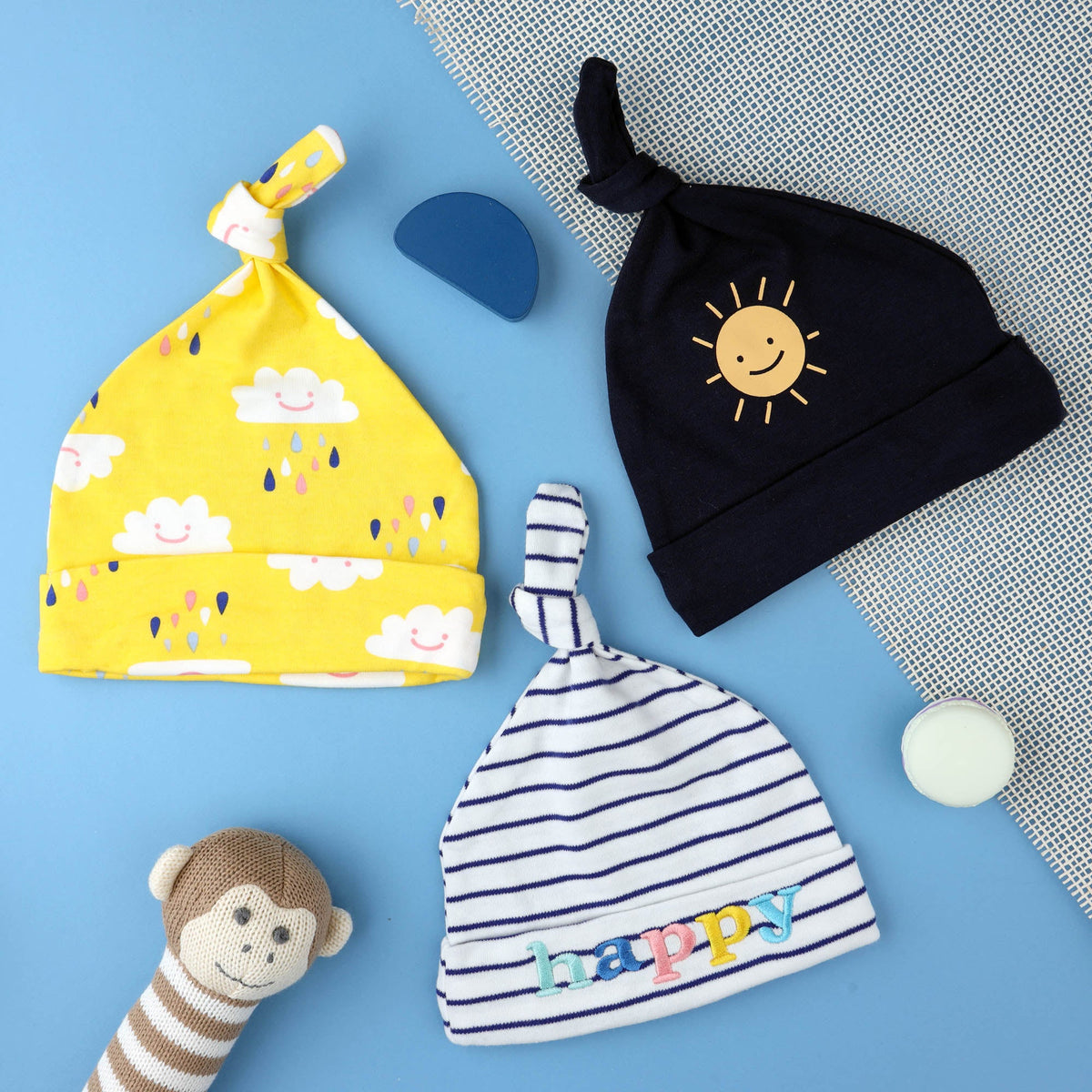 Happy Clouds Knotteed Baby Caps - 3 Pack