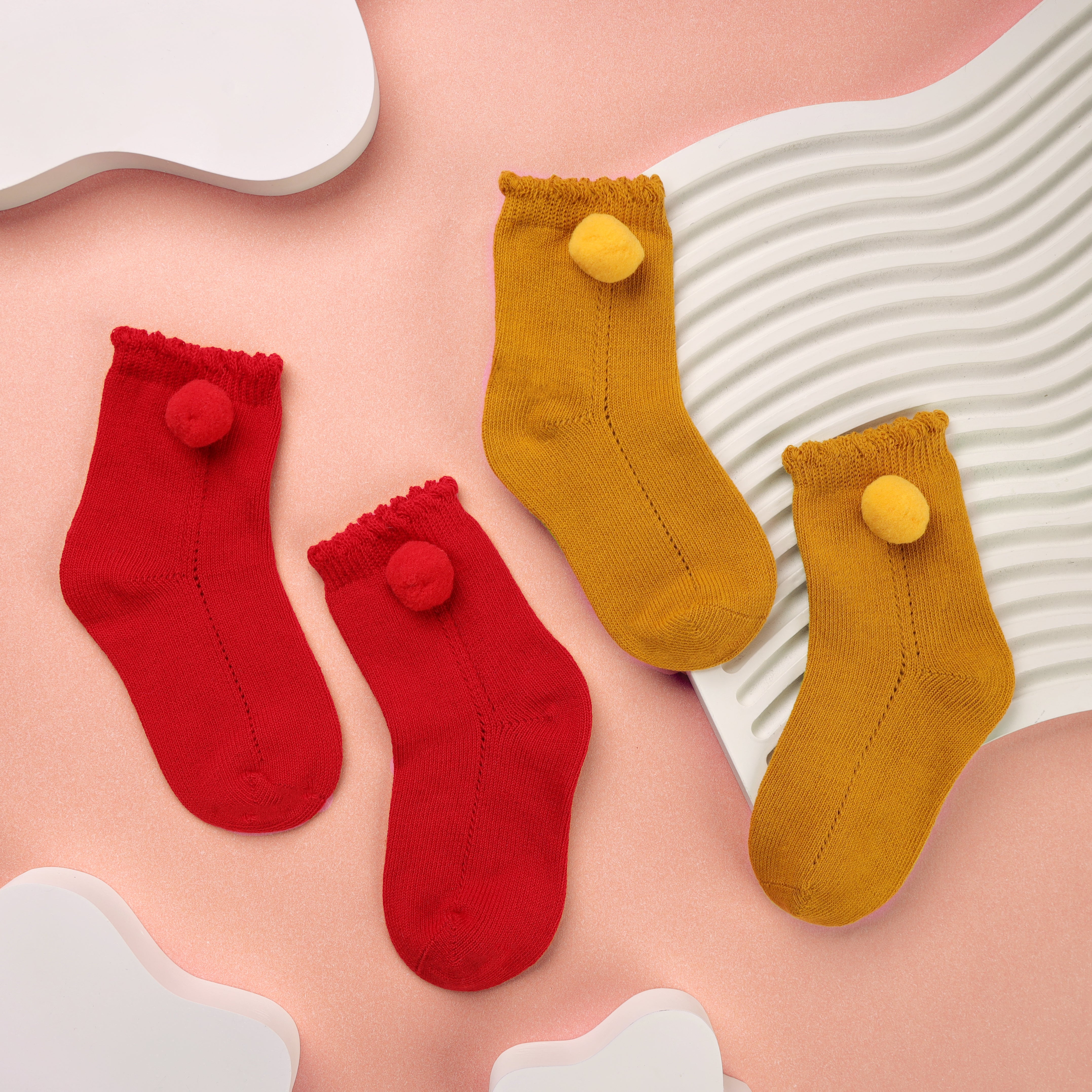 Red & Yellow Pom Pom Socks