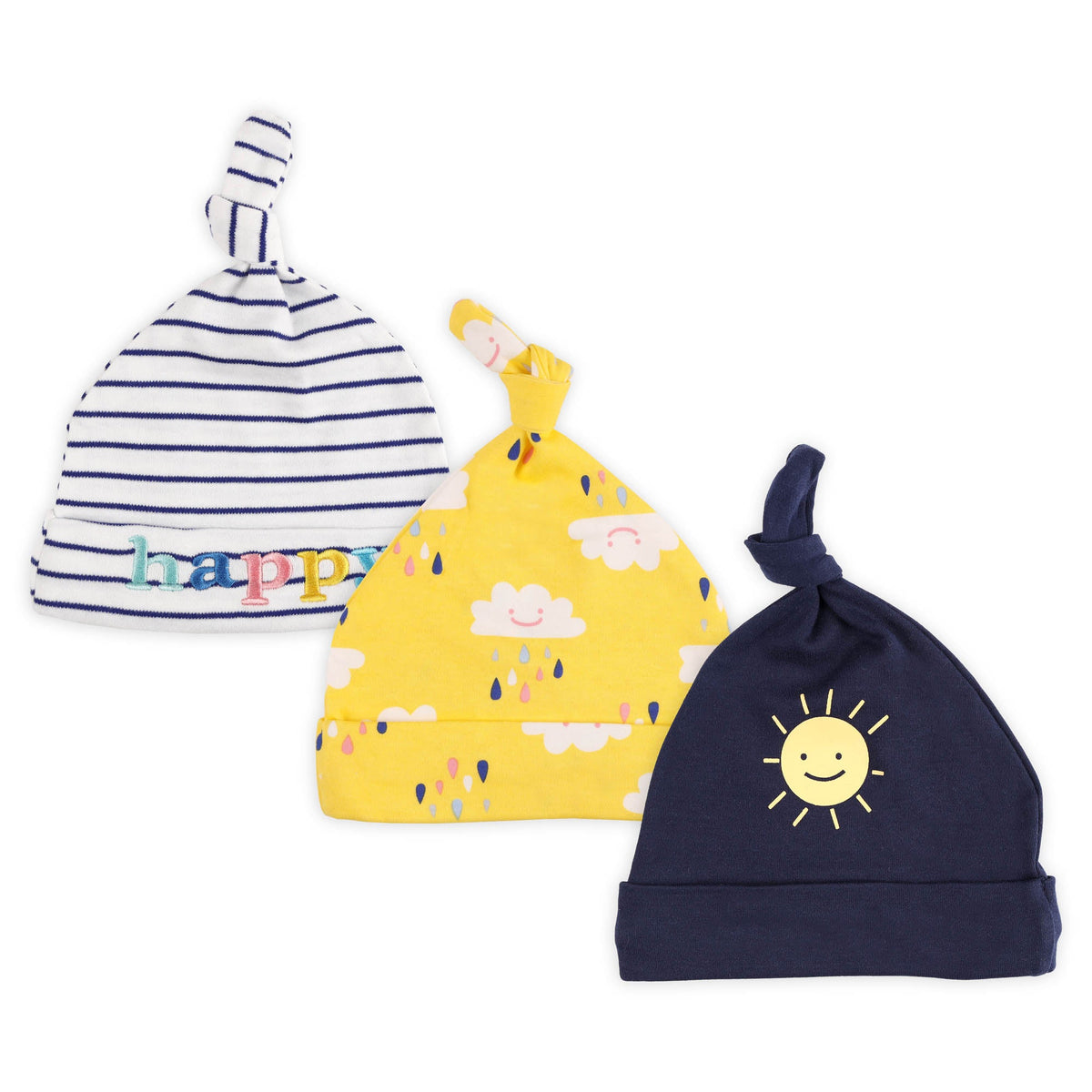 Happy Clouds Knotteed Baby Caps - 3 Pack