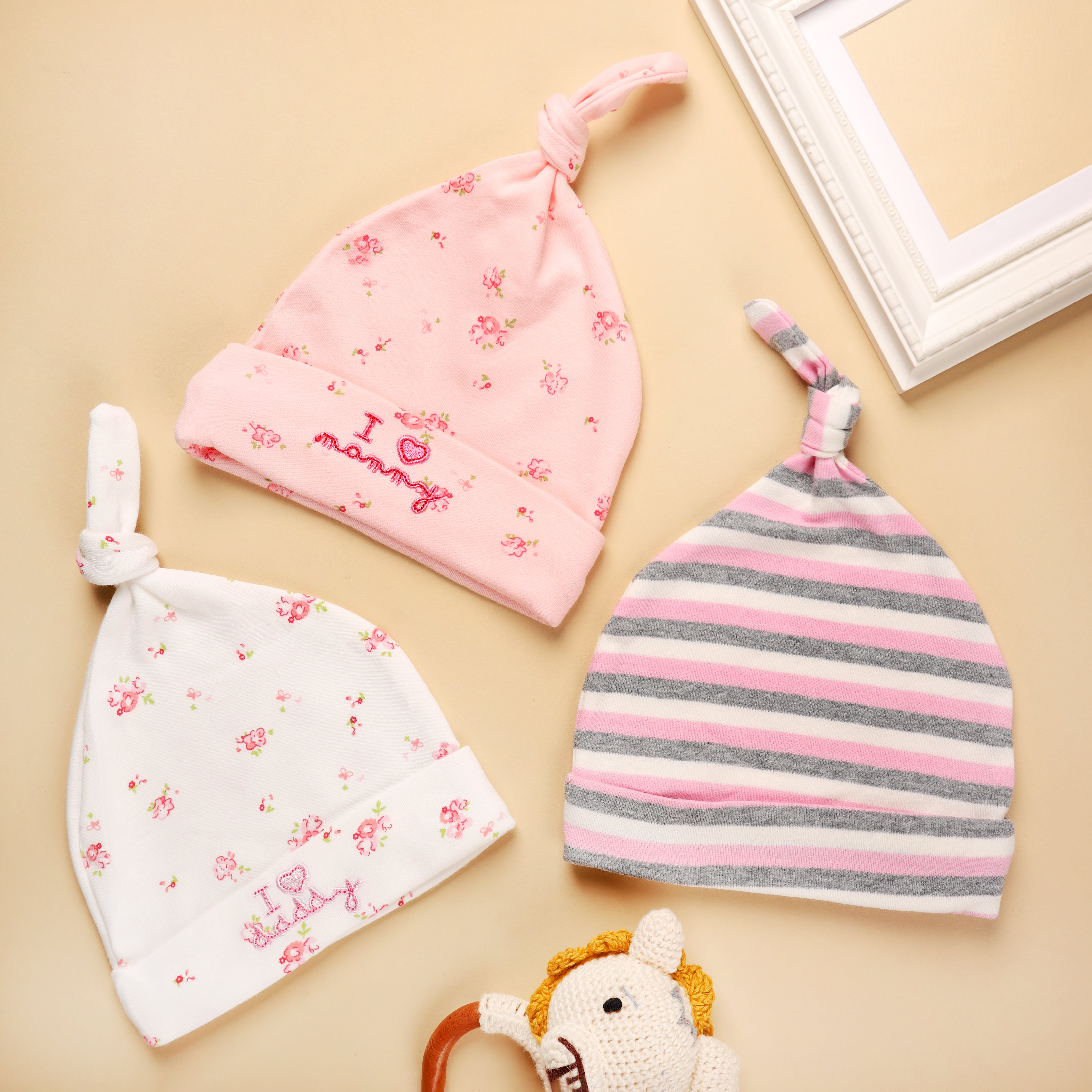 Little miss floral knotted Baby Caps - Pack of 3