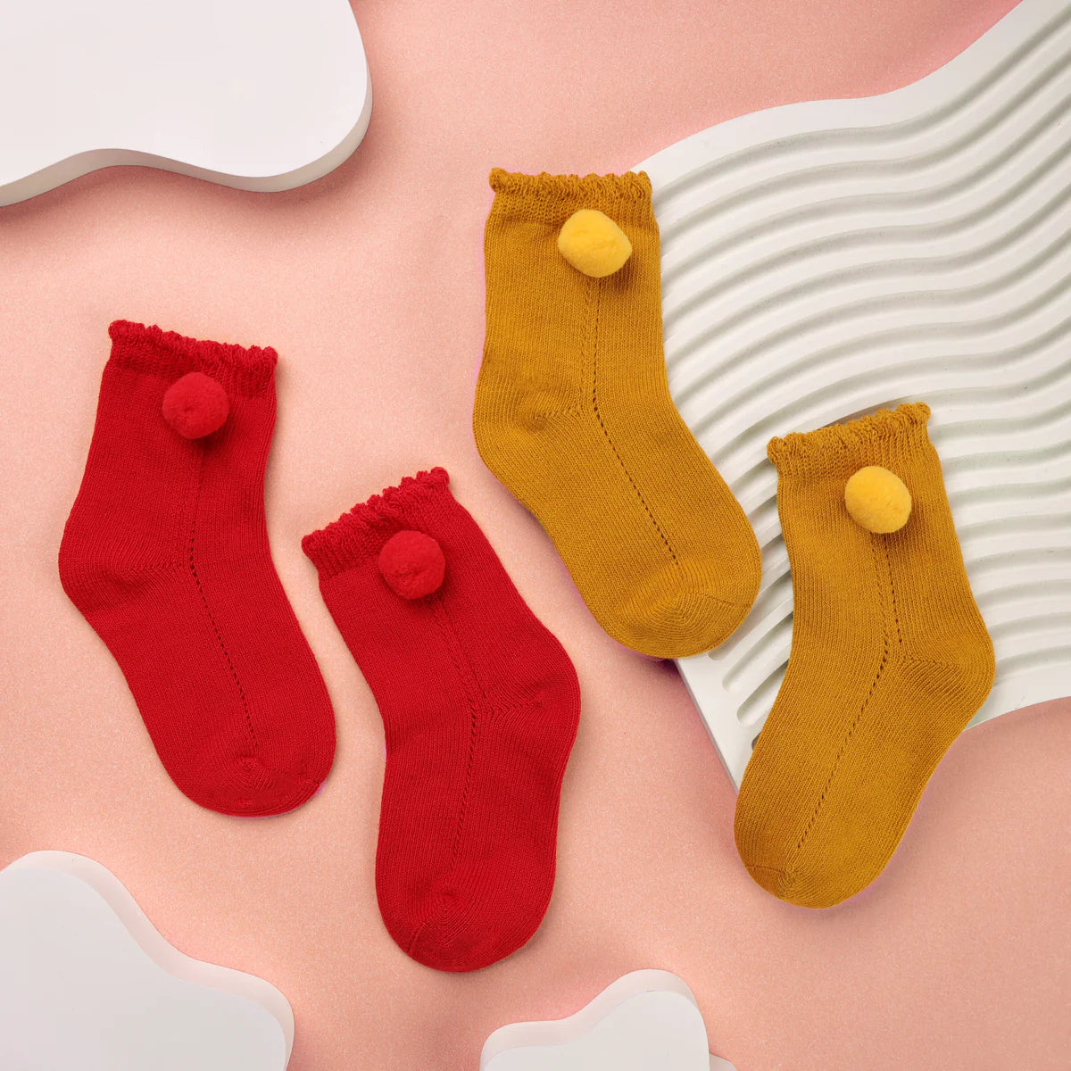 Red & Yellow Pom Pom Baby Socks Pack of 2